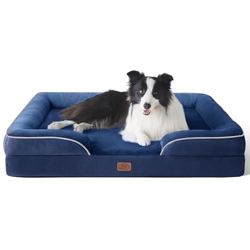 Bedsure Sofá cão ortopédico grande - cama cão removível e lavável, colchão cão com forro impermeável e espuma viscoelástica, azul tibetano, L