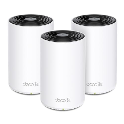TP-Link Deco XE75 Pro (3-Pack), WiFi AI Mesh AXE5400, WiFi 6E, 1 porta de 2,5 Gbps, 2 portas 1G, banda 6 GHz, largura canal de 160 MHz, cobertura Wi-Fi de 668 m2, Fácil instalação. ação, até 200