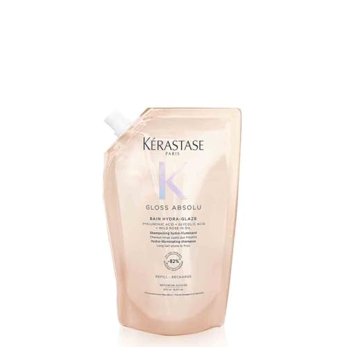 Kérastase Gloss Absolu Bain Hydra-Glaze, recarga de champô para cabelo longo com tendência ao crespamento, com ácido glicólico, ácido hialurónico e rosa selvagem em óleo, 500 ml