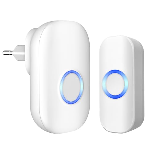 Campainha sem fios exterior impermeável IP44, kit campainha sem fios alcance de 150 m, campainha sem fios para porta 32 melodias, 4 níveis de volume (50 - 100 dB), 1 transmissor e 1 recetor LED, azul