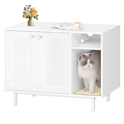 Hzuaneri Armário para gatos, móveis de areia para gatos, caixa de areia, armário de areia, casa para gato com porta e divisória separada, 50 x 80 x 61 cm, pernas altas, branco CB01513W