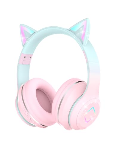 Xunpuls Auriculares Bluetooth para crianças, com luz LED, Bluetooth 5.1 e som estéreo, dobráveis, faixa de cabeça ajustável, auriculares infantis com microfone sobre a orelha para a escola / tablet