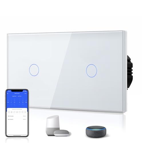 Interruptor de luz tátil Bseed, WiFi duplo de 1 via (necessário alimentação neutra) Alexa/Tuya/IFTT, painel de vidro compatível, 157 * 86