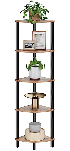 Estante de canto, estante de 5 níveis, estantes de armazenamento, estantes para plantas, para cozinha, sala de estar, design industrial, castanho e preto JSJ001HV1