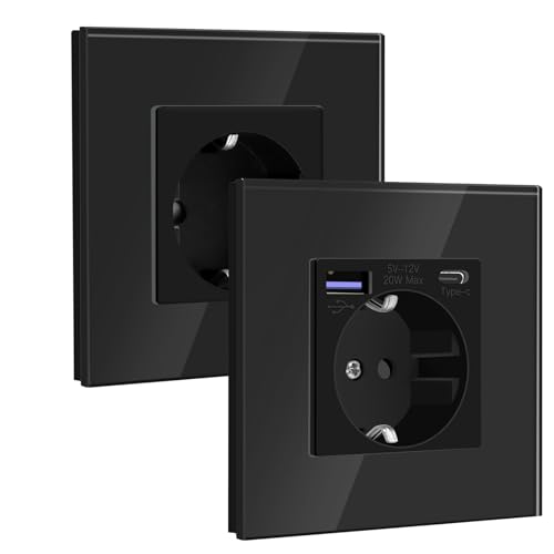 BSEED Pack Schuko, 1 tomada com USB C 20W + 1 x tomada normal, tomada de energia recarregável 16 A com painel de vidro para telemóvel, tablet e leitor MP3, preto