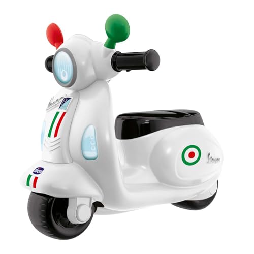 Chicco - Vespa Primavera, motociclistas para crianças, painel eletrónico, luz, som e rodas estabilizadores removíveis, para crianças de 1 a 3 anos, 20 kg, branca