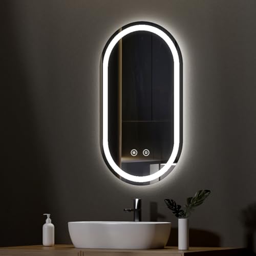 EMKE - Espelho LED para casa de banho, 50 x 90 cm, espelho oval com interruptor tátil, 3 cores de luz regulável, anti-névoa, função memória, desligamento automático após 3 horas