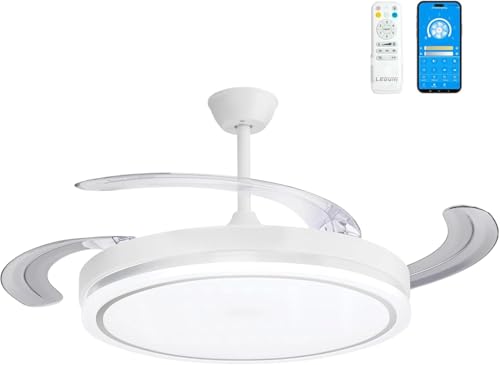 LEDUNI Ventoinha de teto com luz com comando, motor DC 30 W + 36 W luz LED, temporizador, 6 velocidades, pás retráteis, 3 temperaturas de luz, função de verão e inverno silencioso (branco liso, 50 cm)