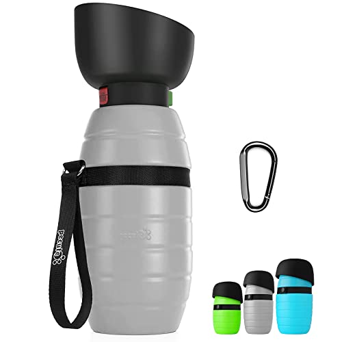 Pecute Garrafa de água para animais de estimação (cinzento 650 ml) com tigela de água dobrável garrafa de água de silicone de grau alimentar para cães gatos, 100% livre de fugas de água