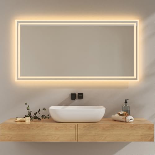 EMKE Espelho de casa de banho com luz LED, 60 x 120 cm, anti-manchas, espelho de casa de banho, 2 temperaturas de cor (branco quente/branco frio), interruptor de alavanca, horizontal / vertical,