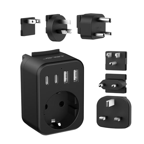 JSVER Tomada de viagem universal para mais de 180 países, adaptador de tomada universal com 6 tomadas substituíveis tipo B/G/C/A/I/M, carregador para EUA, UE/A/EU/Japão/África do Sul/HK (preto)