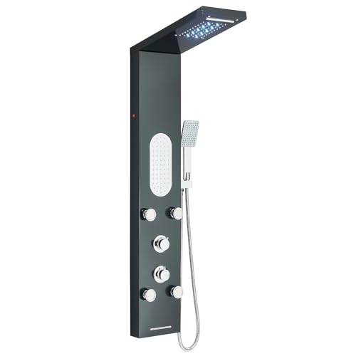 LLFFSSDG Sistema de painel de chuveiro de auto-limpeza: 6 funções simultâneas, cabeça em cascata LED e 4 jatos de massagem montagem na parede de aço inoxidável preto