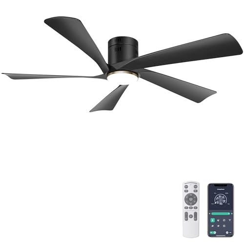 Ohniyou Ventoinha de teto de 132 cm com luz, controlo remoto e controlo de aplicação, ventiladores de teto para exterior de montagem embutida, luz regulável, motor DC silencioso, reversível, preto