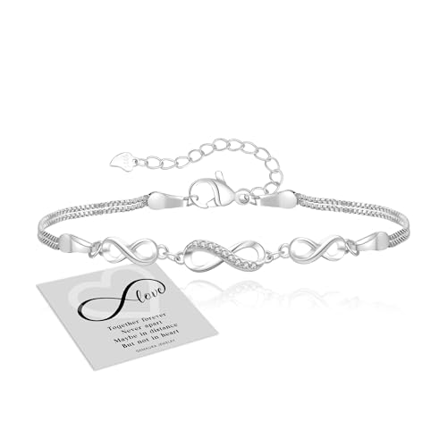 GEMAURA Pulseira de prata 925 para mulher, pulseira infinito de prata com zircão, pulseira ajustável em ouro, coração de prata, pulseira infinito, pulseiras de amizade, jóias presentes para mulheres