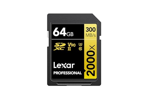 Lexar Professional 2000 x cartão SD 64 GB, SDXC UHS-II cartão de memória sem leitor, até 300 MB/s de leitura, Class 10, U3, V90 SD para DSLR, câmaras de vídeo em qualidade de cinema