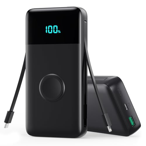 Trswyop Power Bank 26800 mAh com carregador i-Watch, 25 W PD+QC4.0 USB C carregamento rápido bateria externa com 2 cabos integrados, 5 saídas carregador portátil LCD compatível com Apple Watch, iPhone