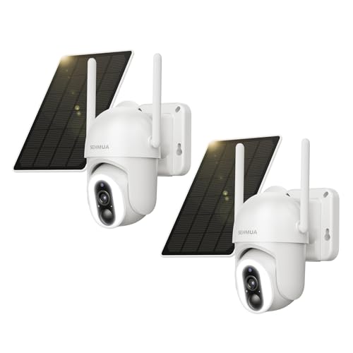 SEHMUA 2K Câmara de vigilância WiFi exterior solar com bateria, 2 peças 360° câmara de vigilância doméstica exterior sem cabos, visão noturna colorida, áudio bidirecional, detecção PIR, nuvem