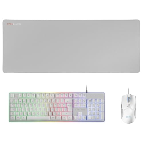 Mars Gaming MCPX, Combo Gaming 3 em 1 com teclado H-Mech iluminado, rato ultraleve 10000 dpi com software e tapete XXL, compatível com PC, PS4, PS5, Xbox, idioma espanhol, branco