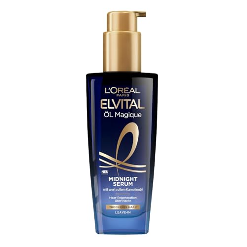 L'Oréal Paris Sérum nutritivo para cabelos macios e brilhantes, efeito duradouro contra frisar, não deixa resíduos, com óleo de flor de camélia, soro Elvital Oil Magique Midnight 1 x 100 ml