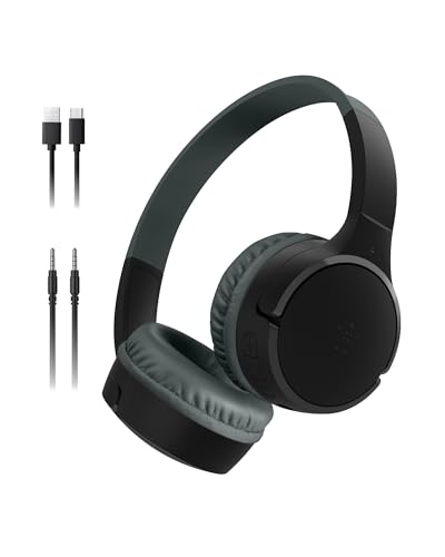 Belkin SoundForm Mini auriculares sem fios para crianças com microfone, on Ear, 30 horas de autonomia e autocolantes, capacetes supra-aurais para ensino online e viagens, iPhone, iPad ou Galaxy, preto