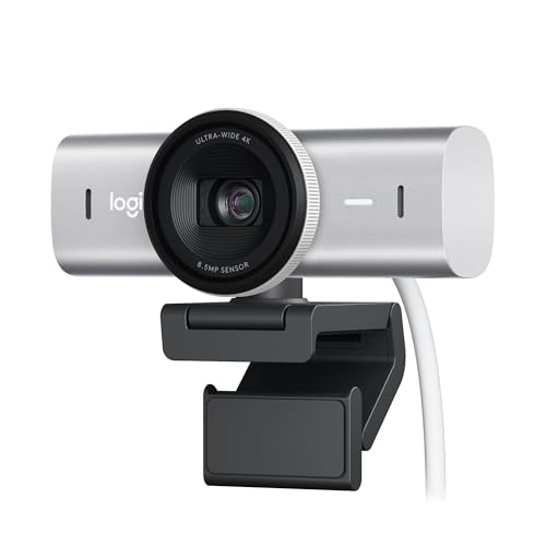 Logitech MX Brio Ultra HD 4K para colaboração e streaming webcam, 1080p a 60 FPS, dois microfones redutores de ruído, USB-C, tampa, compatível com Microsoft Teams, Zoom, Google Meet, Pale Grey