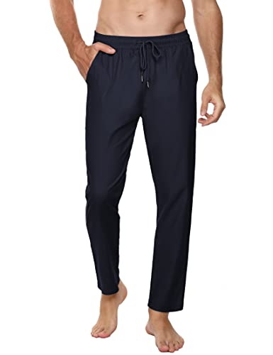Sykooria Calças masculinas casuais linho e algodão calças de ganga homem compridas com cordão ajustável calças desportivas homens cintura elástica com bolsos