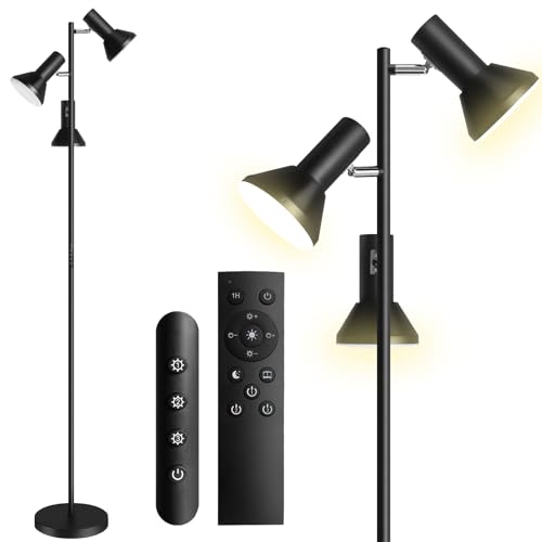 BBHome Candeeiro de pé LED regulável, 3 luzes com controlo remoto e tátil, preto