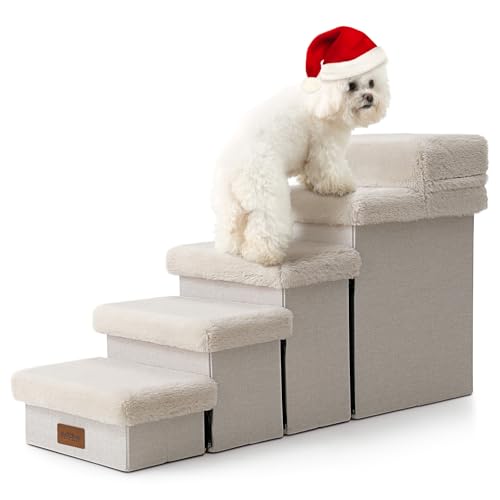COZY KISS Escadas para cães pequenos com arrumação, escadas dobráveis para animais de estimação para cama, sofá e cadeira, ampa para gatos, durável, até 80 kg, 33 x 101 x 54 cm, 5 peles, bege