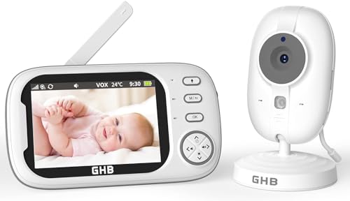 GHB Câmara de vigilância para bebés com câmara com ecrã IPS de 3,5" 720 P, bateria de 2000 mAh visão noturna comunicação bidirecional VOX escuta bebés