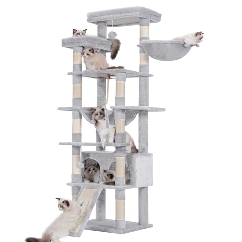 Heybly Árvore para gatos, 200 cm de altura torre para gatos, com 11 postes, 2 plataformas, 1 cavernas, cesta, rede, 3 pompom, múltiplo para gato grande, cinzento claro HCT033W