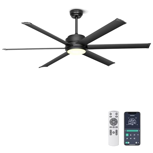 Ohniyou Ventoinha de teto com luz silenciosa, ventilador de teto industrial de 152 cm com controlo remoto e APP, regulável, motor CC, ventilador de teto grande para pátio, sala de estar, preto