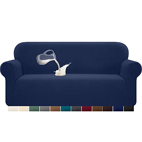 Granbest Capa de sofá elástica, impermeável, 1 unidade, de elastano, jacquard, elástica, com espuma antiderrapante (3 lugares, azul escuro)