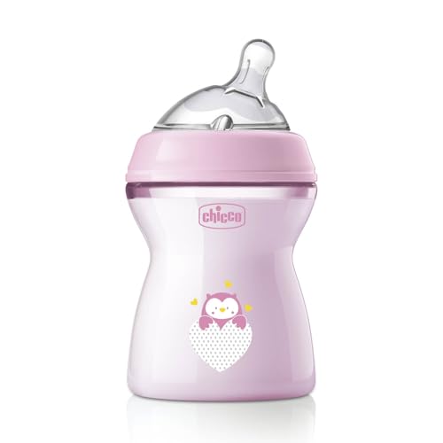 Chicco NaturalFeeling Biberão anticólicas 2 meses, 250 ml, com cetina inclinada de silicone macia e dupla válvula anticólica, alimentação natural e amamentação mista, rosa