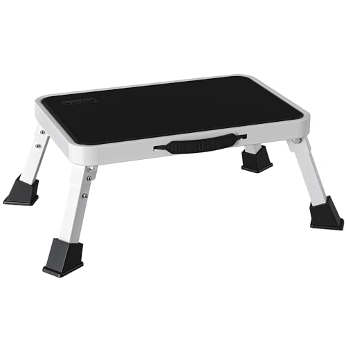 BONTEC Banqueta dobrável escada dobrável, capacidade de peso de 150 kg, escada multifuncional portátil com pedal antiderrapante e cabo de transporte para uso interno e exterior, branco