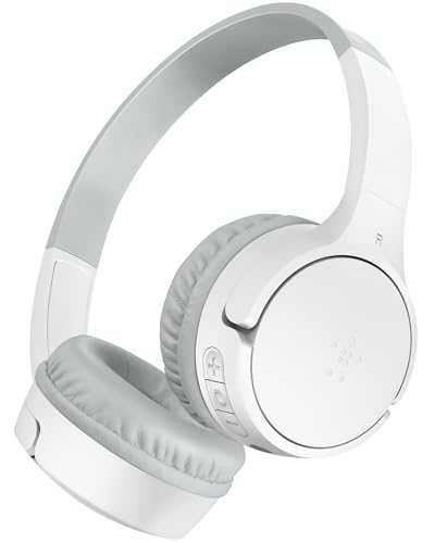Belkin SoundForm Mini auriculares sem fios para crianças, com microfone, on Ear, 30 horas autonomia e autocolantes, capacetes supra-aurais para ensino online e viagens, iPhone, iPad ou Galaxy, branco