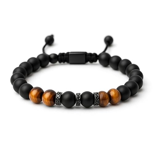 UroClysmic Pulseira olho de tigre 8 mm para homem, proteção dupla e cura energética, pulseira ajustável de pedras naturais, presente para o pai, marido, filho ou namorado para o dia dos namorados ou