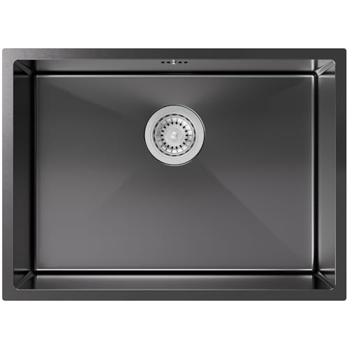 Auralum Lava-louças cozinha preto 60 x 44 cm, lava-loiças 1 seio baixo balcão ou sobre bancada com filtro de drenagem sifão, aço inoxidável