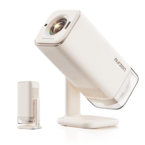 Aurzen Boom Air Projetor portátil com Google TV, compatível com 4K, recarregável por USB-C, Smart Projetor, áudio Dolby, miniprojetor Bluetooth e WiFi, autofoco TOF, suporte giratório, branco creme