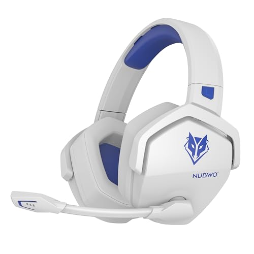 NUBWO G06 Capacetes Gaming sem fios com drivers de 50 mm para PC/Ps5/Ps4/NS, auriculares Gaming sem fios com 2,4 GHz+Bluetooth 5,3 modo duplo, 7,1 som envolvente, duração 100 HR + - branco / azuis