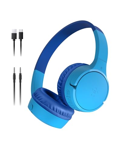 Belkin SoundForm Mini auriculares sem fios para crianças com microfone, on Ear, 30 horas de autonomia e autocolantes, capacetes supra-aurais para ensino online e viagens, iPhone, iPad ou Galaxy, azul