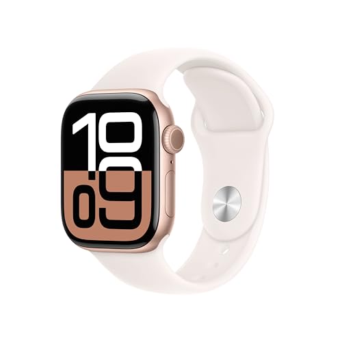 Apple Watch Series 10 GPS Cellular Smartwatch com caixa de alumínio ouro rosa de 42 mm e correia desportiva rosa Rubor - tamanho M/L. Monitor de treino, App ECG, ecrã Retina sempre ativo