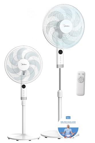 MIDEA Ventoinha de pé de 3 velocidades com controlo remoto, ventilador silencioso com oscilação de 90º, ventiladores de pé com temporizador, painel LED, motor potente e altura ajustável, ventilador