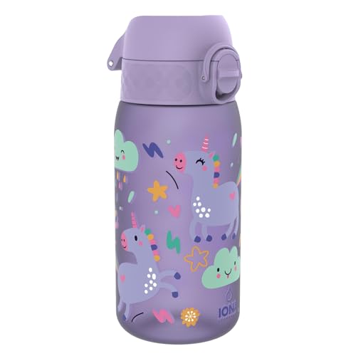 ion8 Garrafa de água para crianças, 350 ml, à prova de fugas, fácil de abrir, fechadura segura, adequada para máquina de lavar louça, sem BPA, pega de transporte, fácil de limpar, unicórnios, roxo