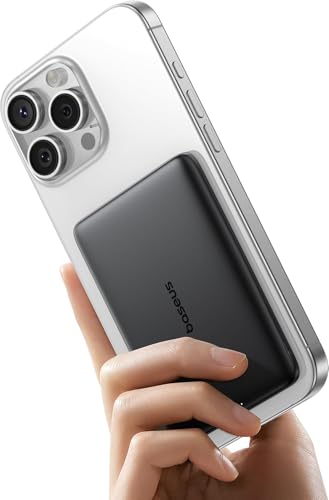 Baseus Magsafe Power Bank Ultra Slim Banco de energia magnético ultraleve para iPhone 16/15/14, mini sem fios, 5000 mAh, USB-C PD 20 W, bateria externa com ecrã LED, cor preta