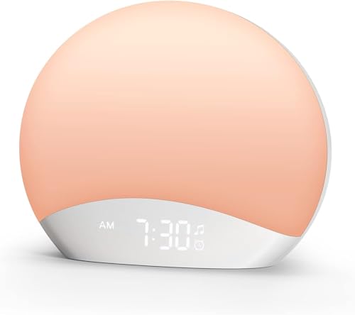 REACHER Despertador com som do amanhecer e máquina de som, 26 sons relaxantes, ruído branco para dormir, luz noturna de 8 cores, temporizador e relógio regulável para crianças, bebés e adultos