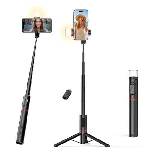 Moman Selfie Stick tripé com luz de enchimento, Q12S tripé portátil suporte para telemóveis 77 cm suporte de alumínio para telemóveis Stick para selfie para smartphones