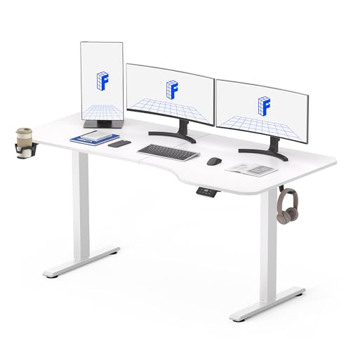 FLEXISPOT Mesa elevável com placa 160 x 75 mesa ajustável elétrica Standing Desk, mesa elevável secretária regulável altura com 4 controlo com memória/gancho/porta-garrafas (branco)