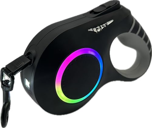 Tira extensível para cão que facilita os seus passeios noturnos. Retrátil sem emaranhados, com luzes led e lanterna, fita de nylon resistente, bloqueio de pausa com uma mão, cor preta (preto)