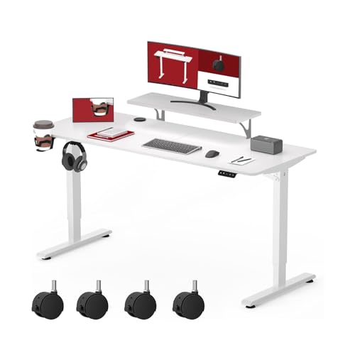 SANODESK SQ1 Mesa de pé com suporte para monitor, 4 rodas, painel telescópico bidirecional e função de memória - branco