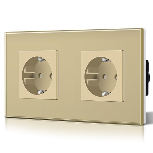 BSEED Tomada de parede 2 tomadas padrão Schuko com painel de vidro 16A instalação fácil 157 mm ouro